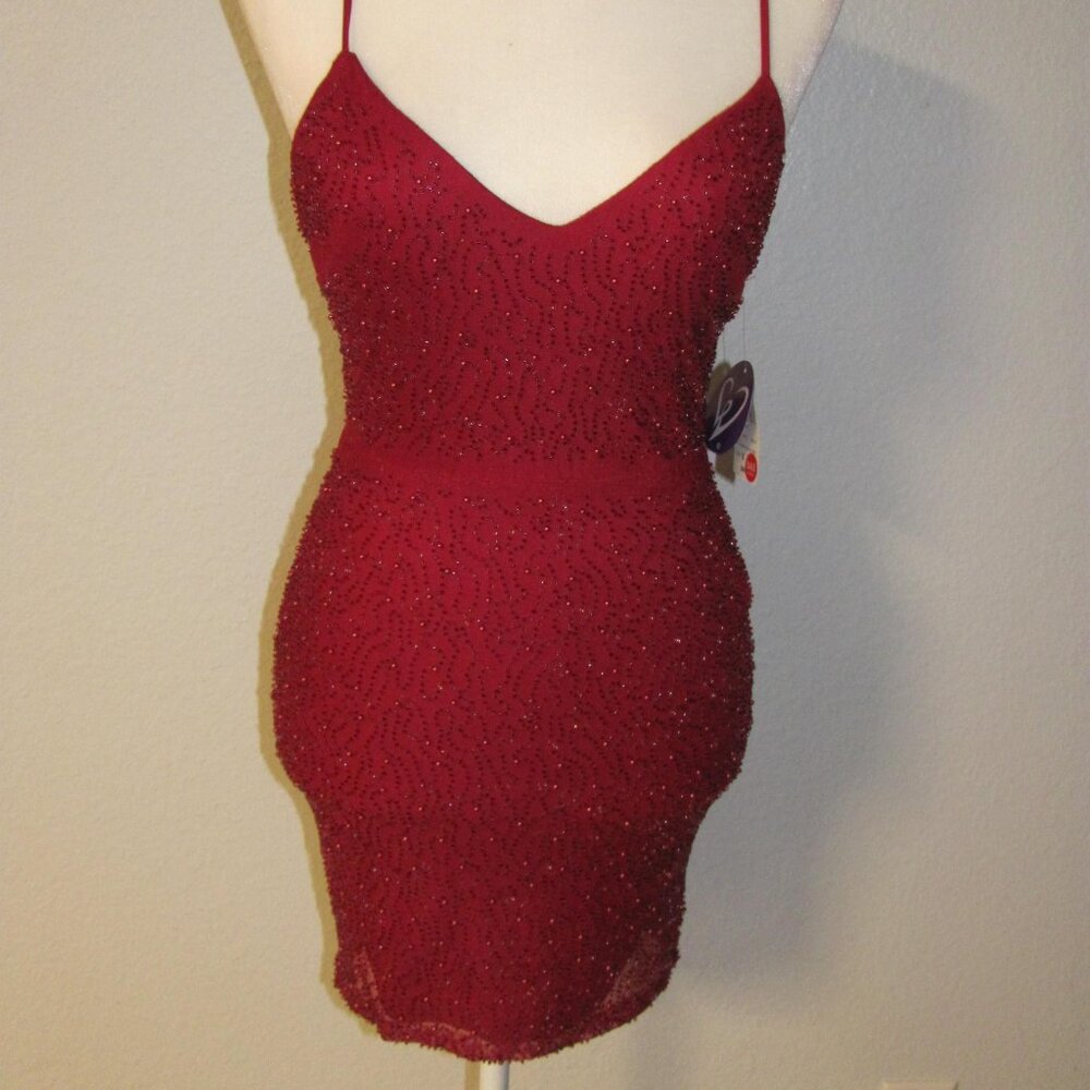 Windsor Red Beaded Evening Mini Dress Strappy Back Ruched Size Small S NWT